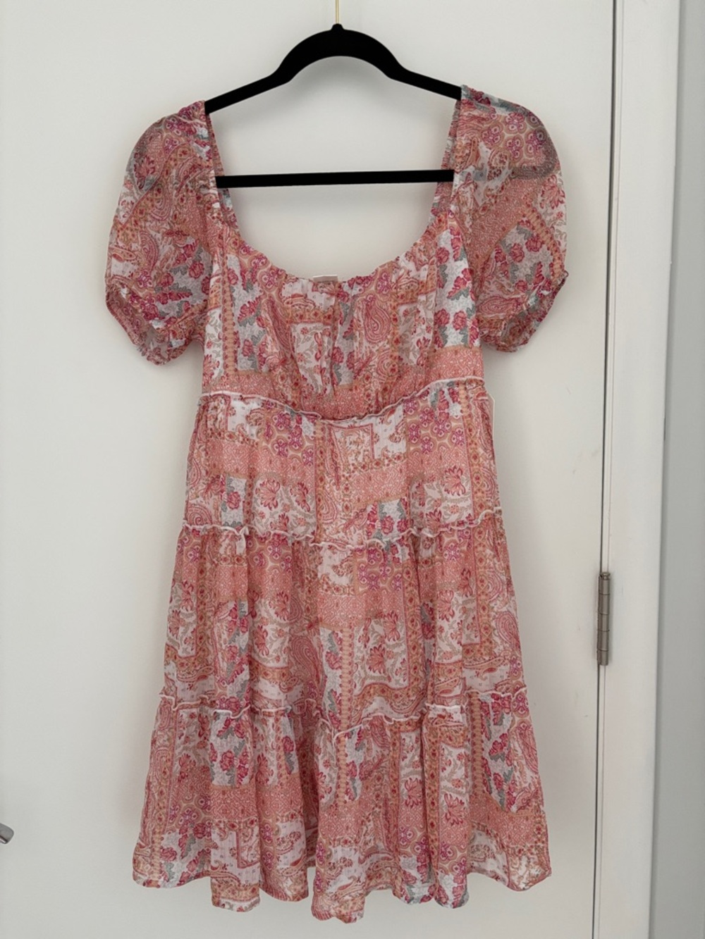 Peasant-Style Tiered Sundress in Peach Floral